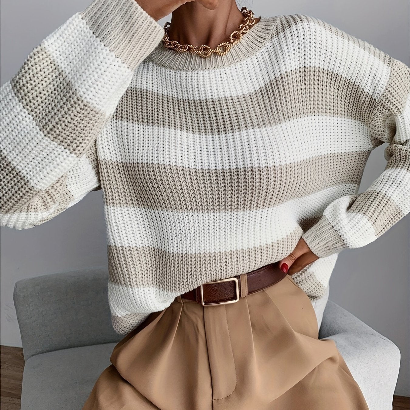 Sixsr Color Block Drop Shoulder Sweater, Casual Long Sleeve Sweater For Fall & Winter, Women's Clothing