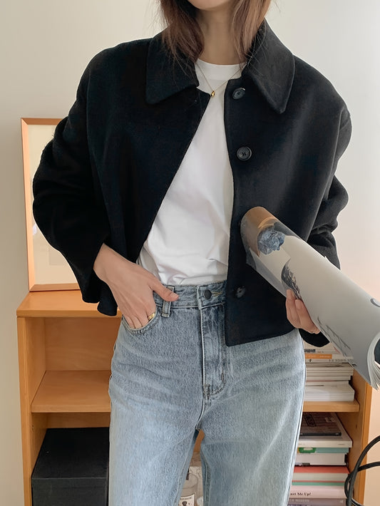 Sixsr Button Front Lapel Neck Jacket, Casual Solid Color Long Sleeve Coat For Fall & Winter, Women's Clothing