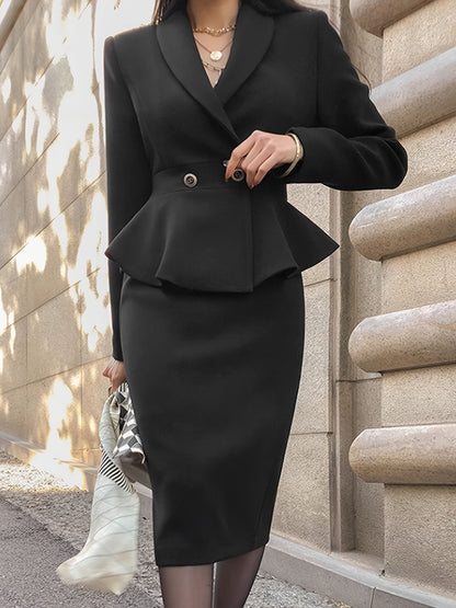 Sixsr  Elegant Slim Ruffle Hem Suit, Long Sleeve Blazer & Bodycon Skirt Outfits, Women's Clothing
