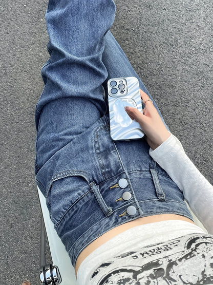 Sixsr Blue High Waist Straight Jeans, Loose Fit Single Breasted Button Versatile Wide Legs Jeans, Women's Denim Jeans & Clothing