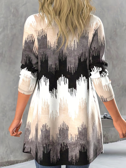 Sixsr Plus Size Casual Coat, Women's Plus Colorblock Geometric Print Long Sleeve Button Open Front Cardigan