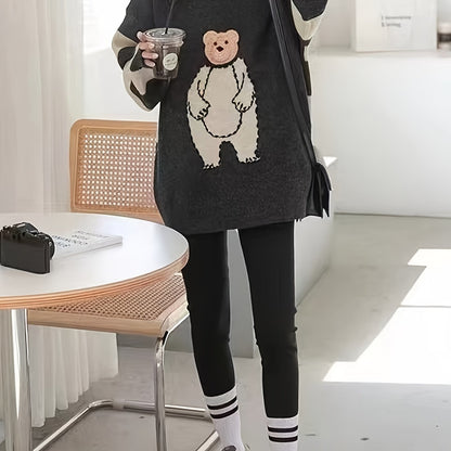 Sixsr Cute Bear Graphic Long Sleeve Sweater, Color Block Casual Every Day Sweater, Women's Clothing