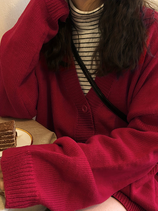 Sixsr Solid V Neck Open Front Cardigan, Casual Long Sleeve Sweater For Fall & Winter, Women's Clothing