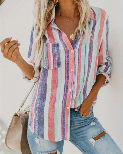 Casual Striped Shirt, Button Up Top For Spring & Fall, Women's Clothing