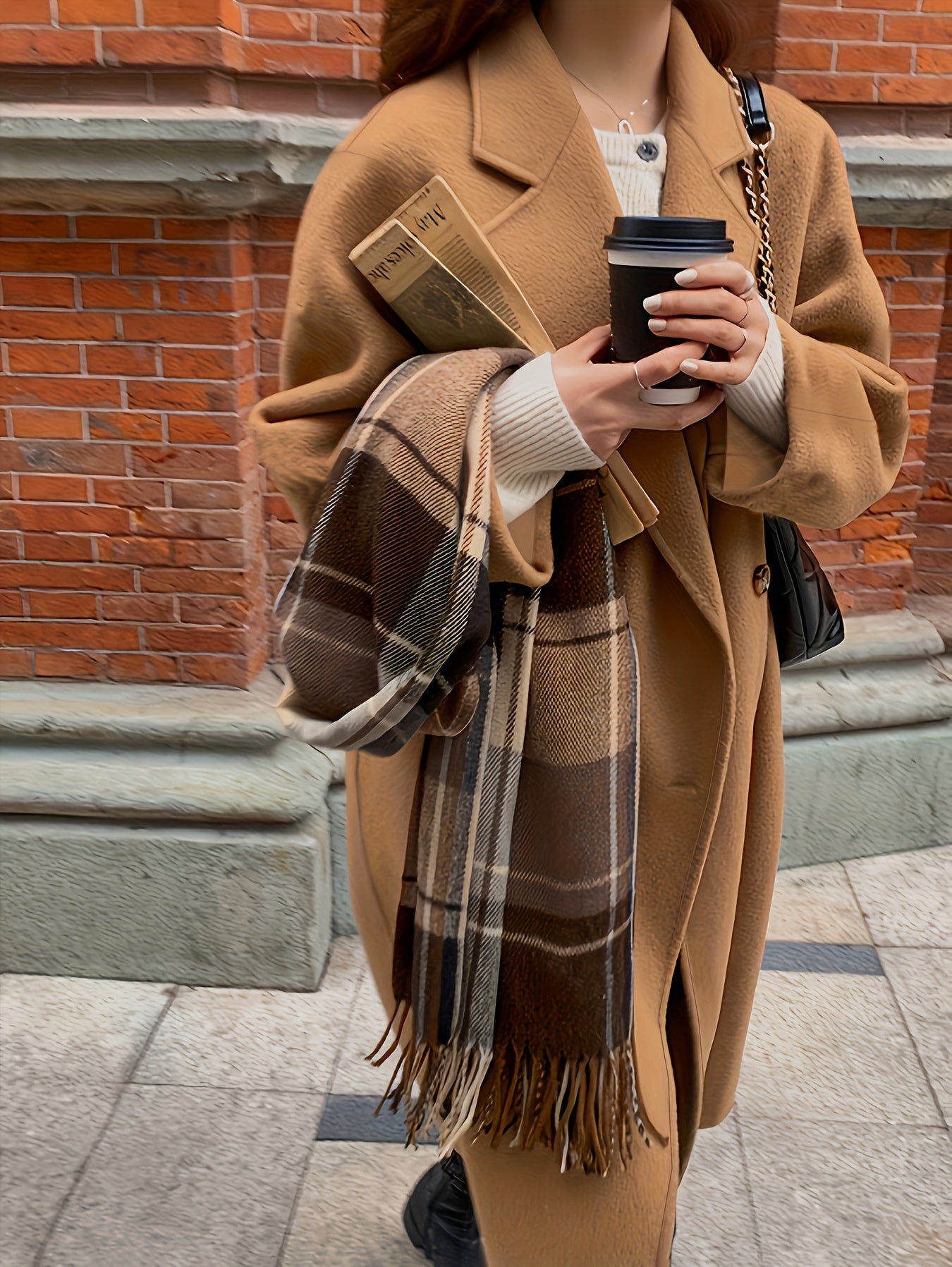 Sixsr Solid Color Double Breasted Lapel Neck Coat, Elegant Loose Long Sleeve Coat For Fall, Women's Clothing