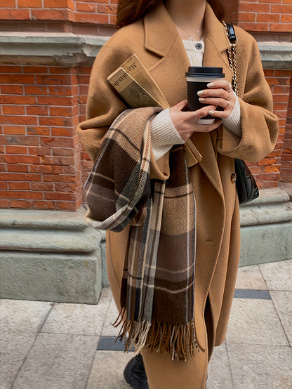 Sixsr Solid Color Double Breasted Lapel Neck Coat, Elegant Loose Long Sleeve Coat For Fall, Women's Clothing