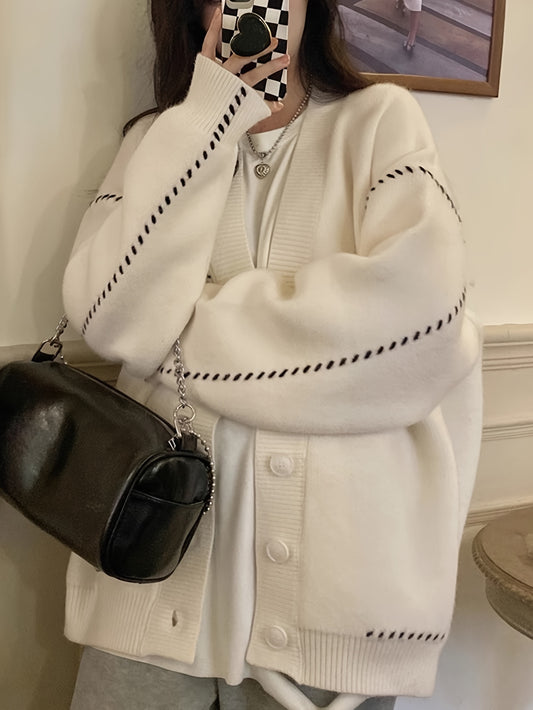 Sixsr Casual Button Down Knit Cardigan, Oversized Long Sleeve Sweater For Fall & Winter, Women's Clothing