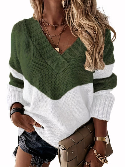 Sixsr Plus Size Casual Sweater, Women's Plus Colorblock Long Sleeve V Neck Slight Stretch Knitted Pullover Jumper