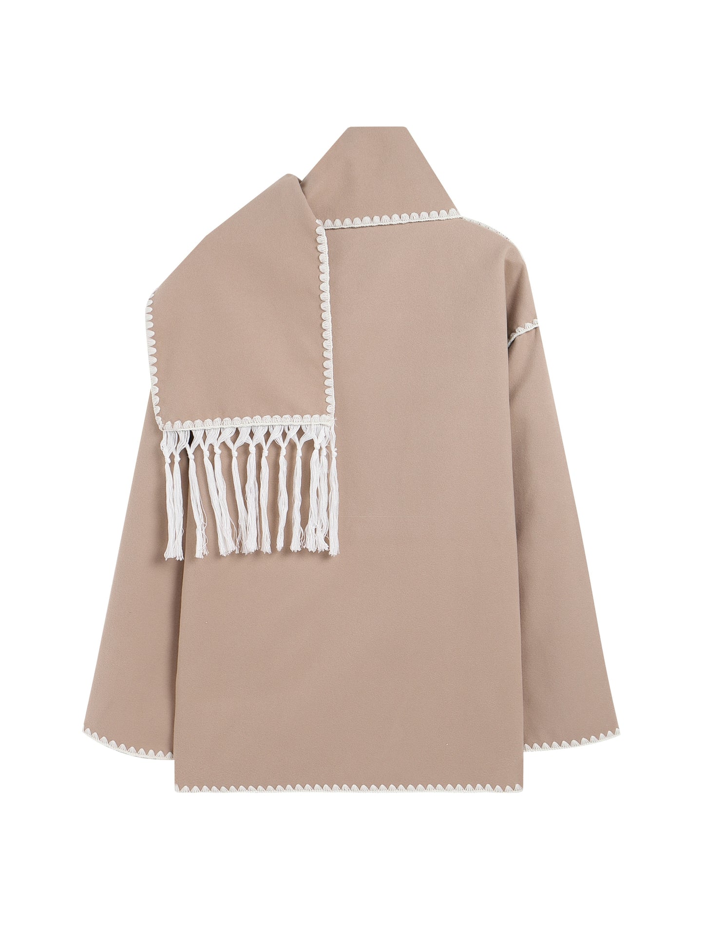 Sixsr Contrast Trim Patched Pockets Overcoat, Elegant Long Sleeve Fringe Scarf Outwear For Fall & Winter, Women's Clothing