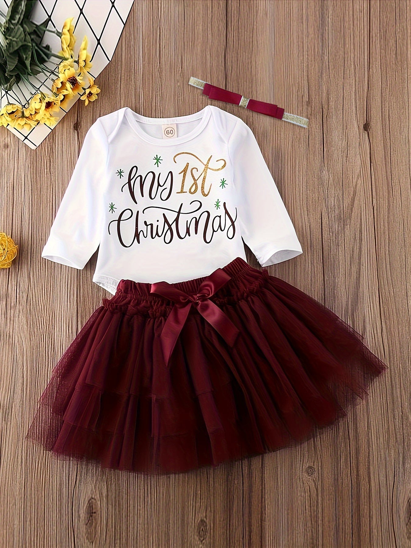 My First Christmas Print Skirt Sets Long Sleeve Romper Bodysuit Tutu Dress Outfits Outdoor Set