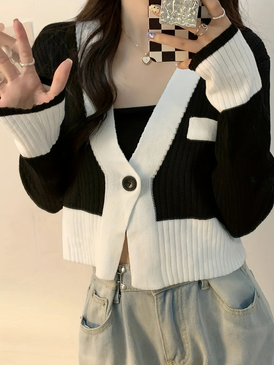 Sixsr Color Block Single Button Knit Cardigan, Casual V Neck Long Sleeve Crop Sweater, Women's Clothing