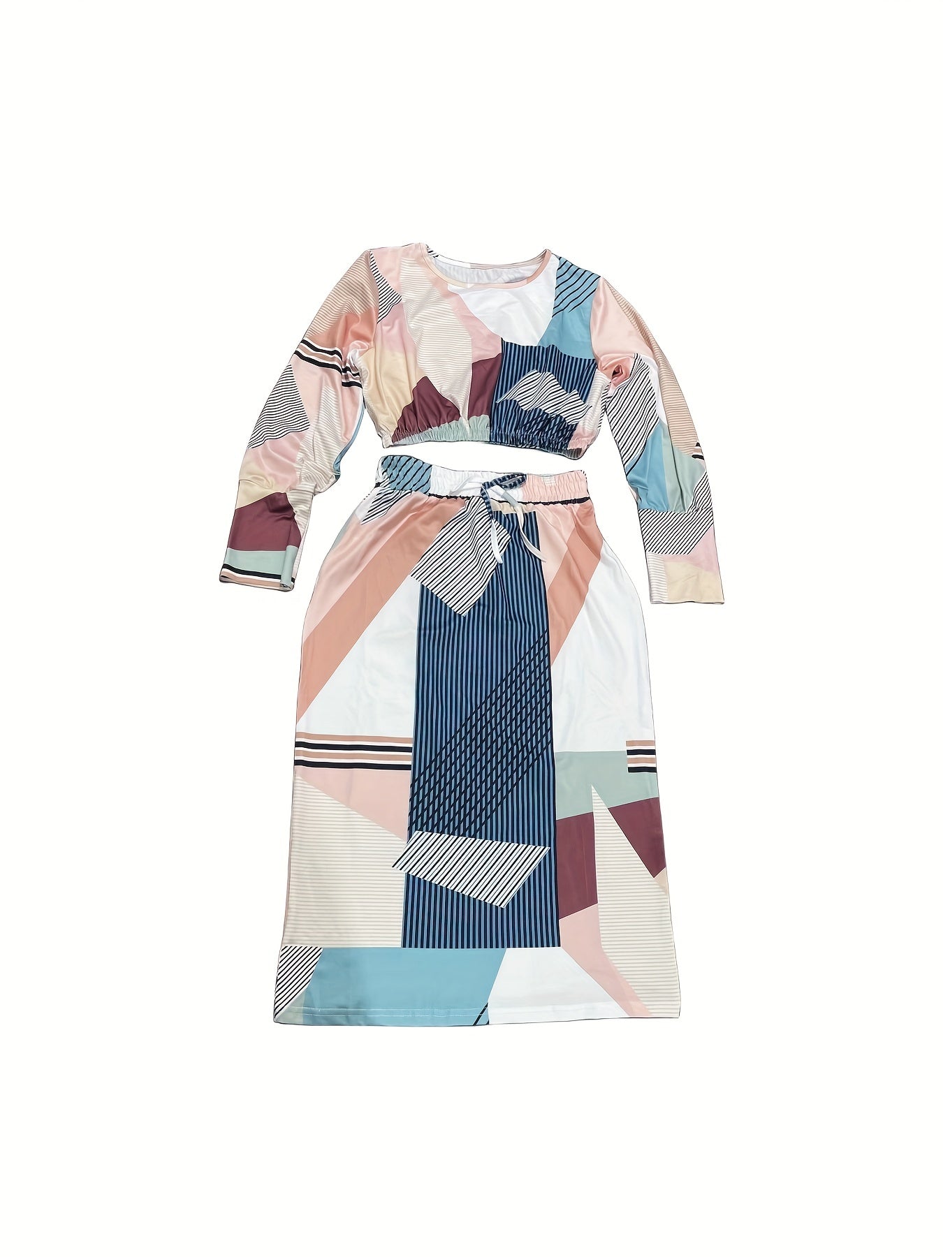 Sixsr Colorblock Print Two-piece Skirt Set, Crew Neck Long Sleeve Crop Top & Drawstring Skirts Outfits, Women's Clothing