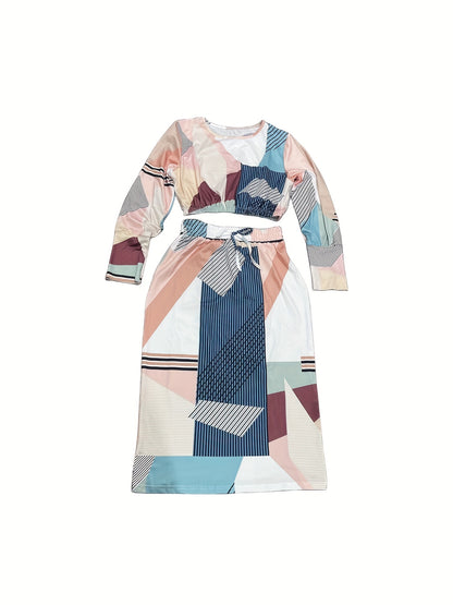 Sixsr Colorblock Print Two-piece Skirt Set, Crew Neck Long Sleeve Crop Top & Drawstring Skirts Outfits, Women's Clothing