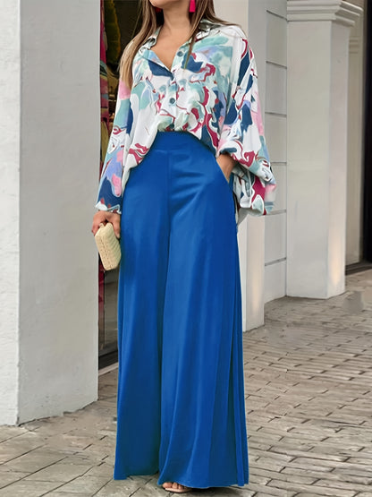 Batwing Sleeve Tie Dye Blouse & High Waist Solid Pantsuits