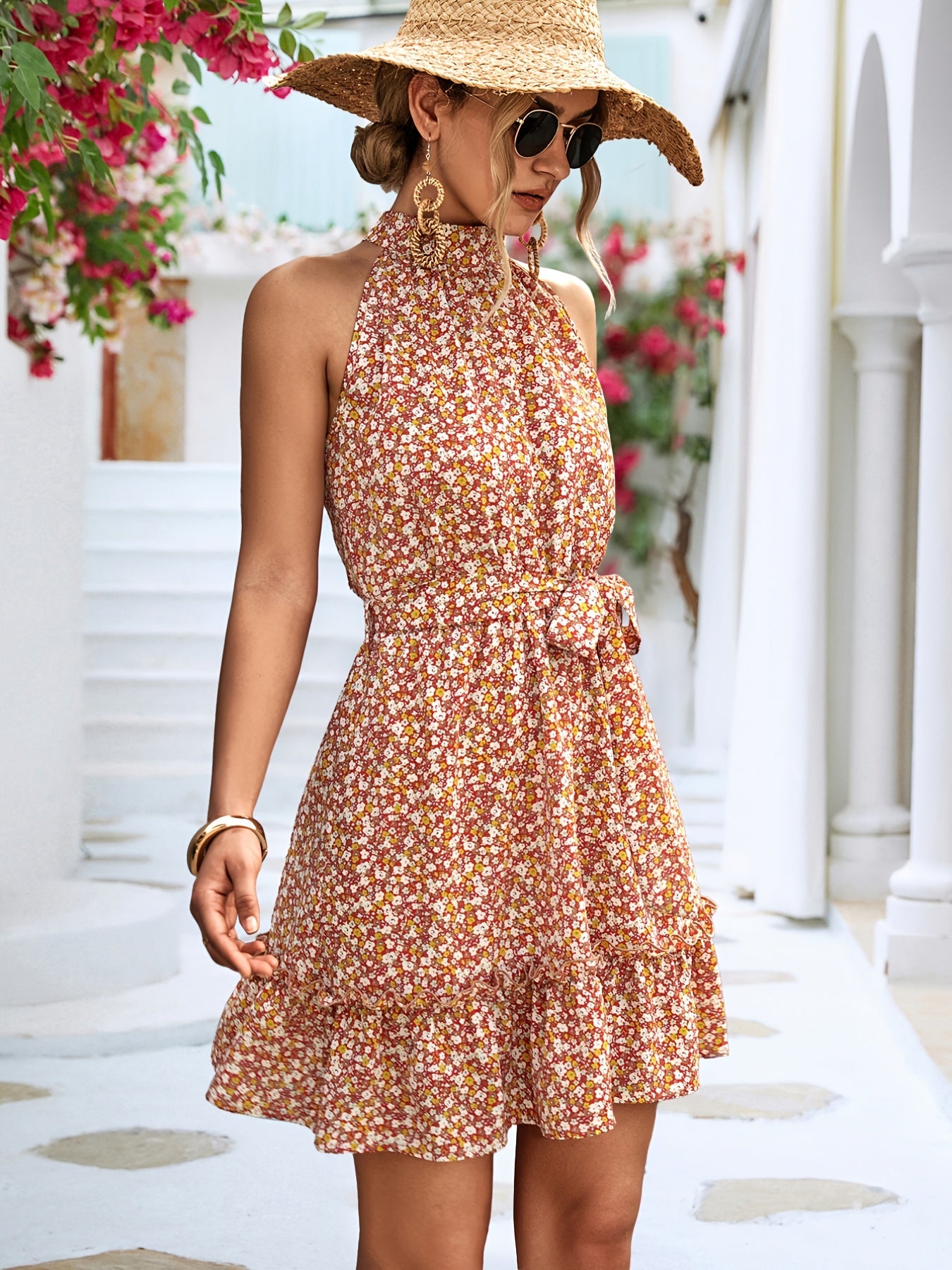 Floral Print Belted Halter Neck Dress, Sleeveless Casual Dress For Summer & Spring, Women's Clothing