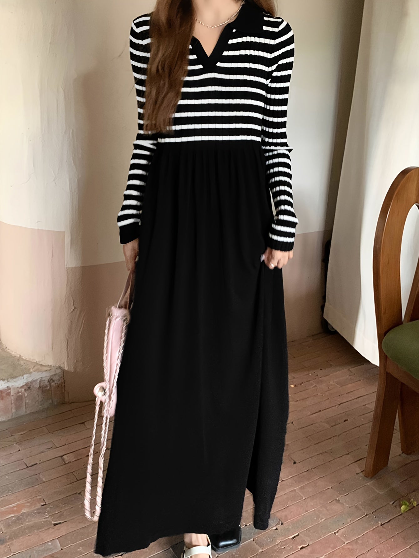 Contrast Stripe Notch Neck Knitted Dress, Casual Long Sleeve Sweater Dress, Women's Clothing