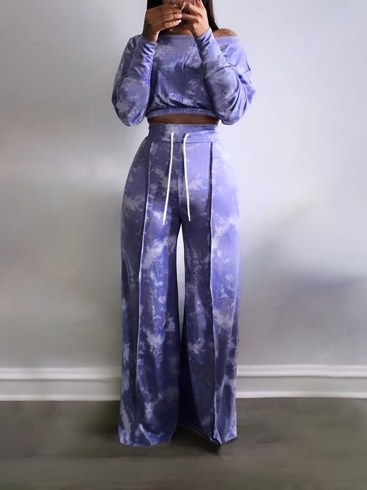 Sixsr Tie Dye Two-piece Set, Asymmetrical Neck Long Sleeve Crop Top & Drawstring Wide Leg Pants Outfits, Women's Clothing