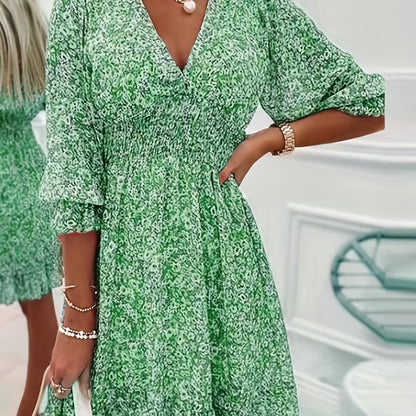 Floral Print Shirred Waist Dress, Casual V Neck Dress For Spring & Summer, Women's Clothing