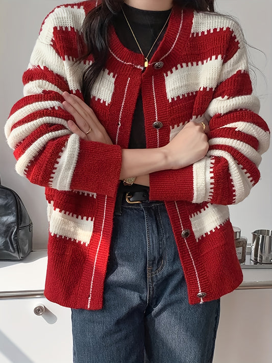 Sixsr Striped Pattern Button Front Cardigan, Vintage Long Sleeve Drop Shoulder Outwear, Women's Clothing