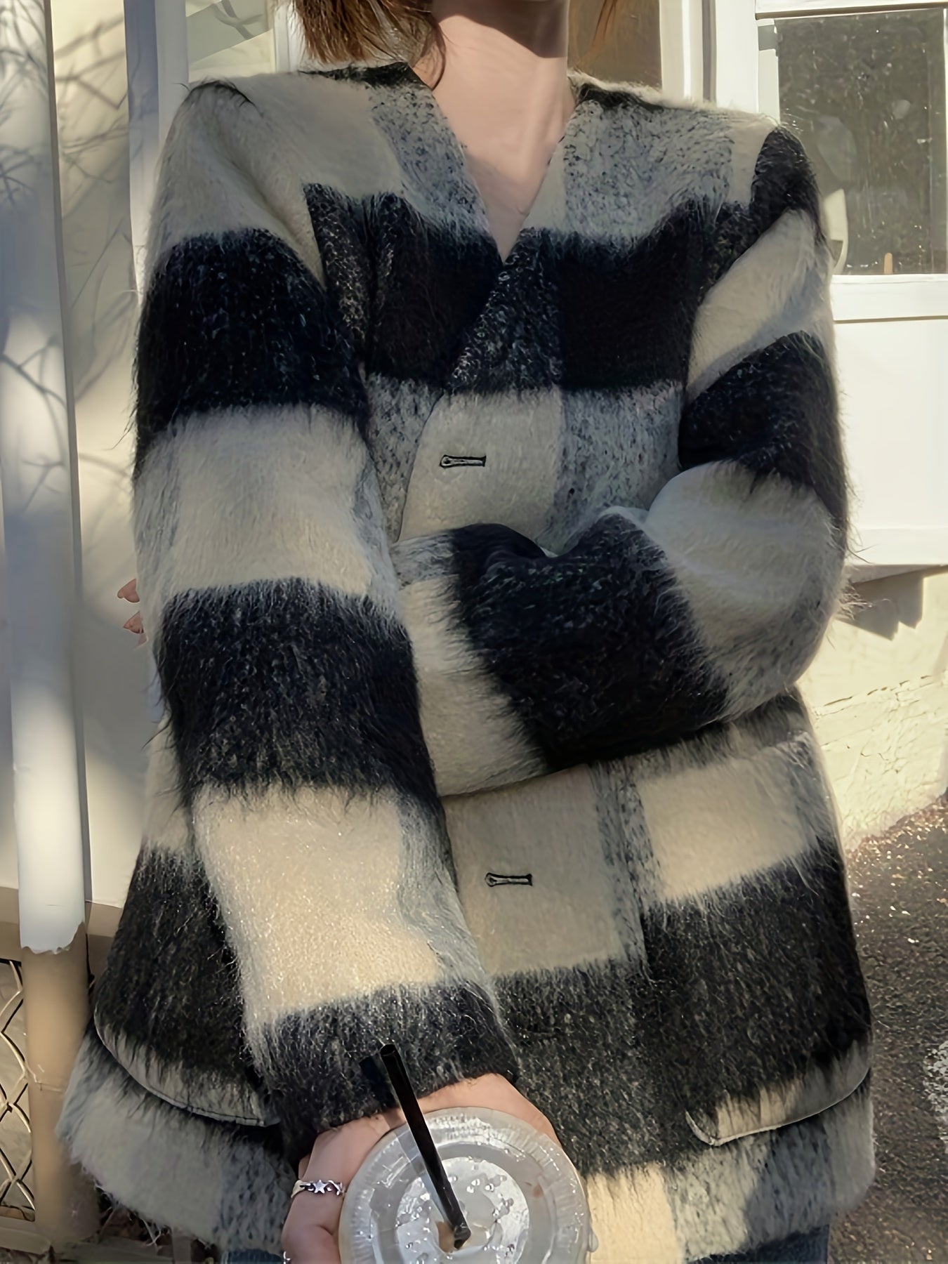 Sixsr Plaid Print Button Front Coat, Chic Long Sleeve Dual Pockets Cardigan For Fall & Winter, Women's Clothing