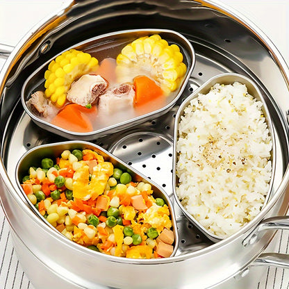 3pcs Stainless Steel Steamer Set - Fan-Shaped, Multi-Compartment Steaming Box with Tray & Divider for Kitchen and Dining