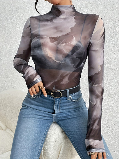 Sixsr  Tie Dye Mock Neck Top, Versatile Long Sleeve Top For Spring & Fall, Women's Clothing