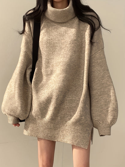 Sixsr Solid Turtle Neck Oversized Sweater, Casual Long Sleeve Split Sweater, Women's Clothing