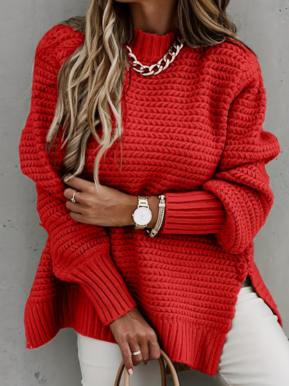 Sixsr Solid Mock Neck Chunky Knit Sweater, Casual Long Sleeve Split Pullover Sweater For Fall & Winter, Women's Clothing