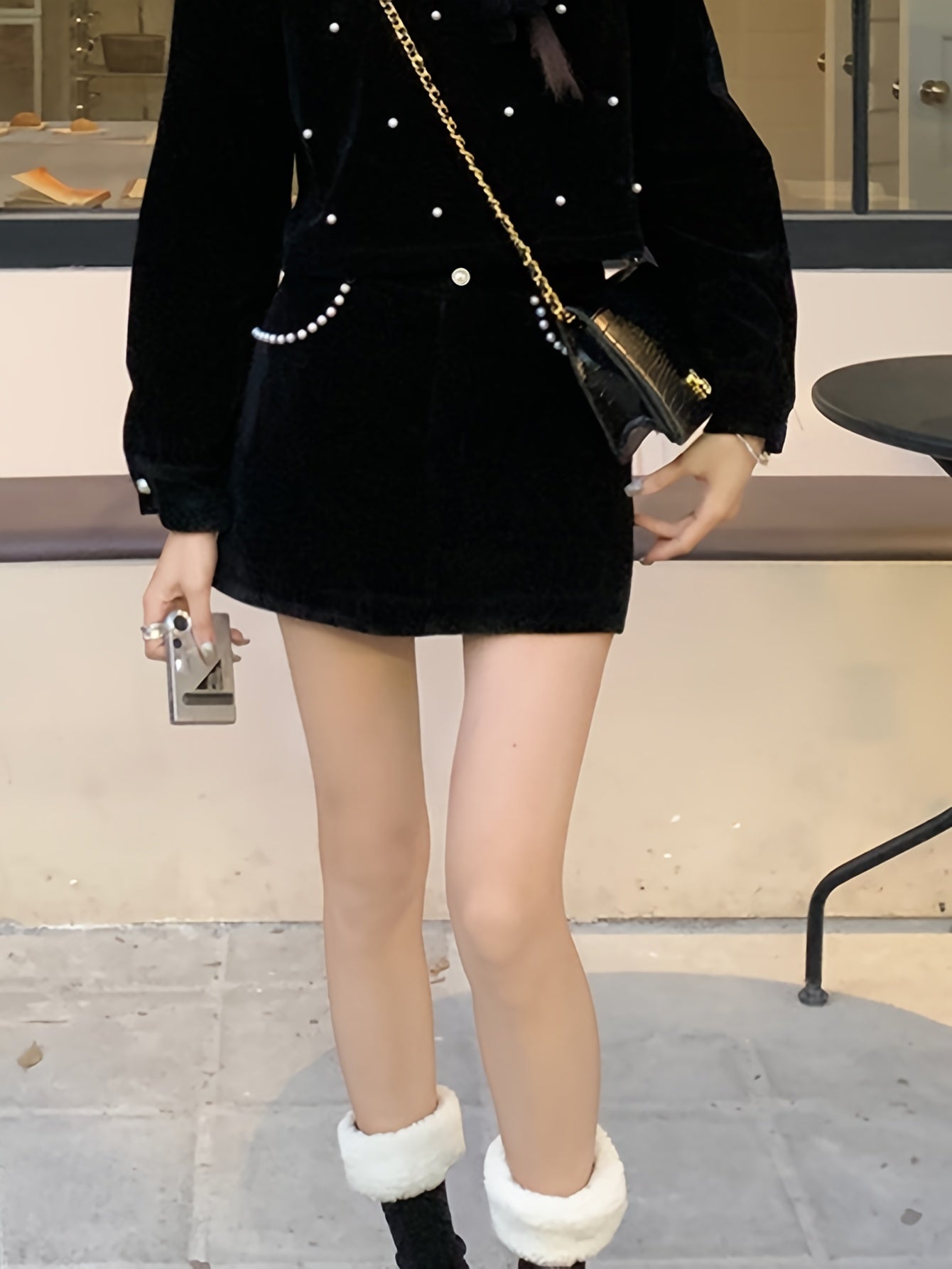 Sixsr Beaded Velvet Solid Skirt, Elegant Skirt For Spring & Fall, Women's Clothing