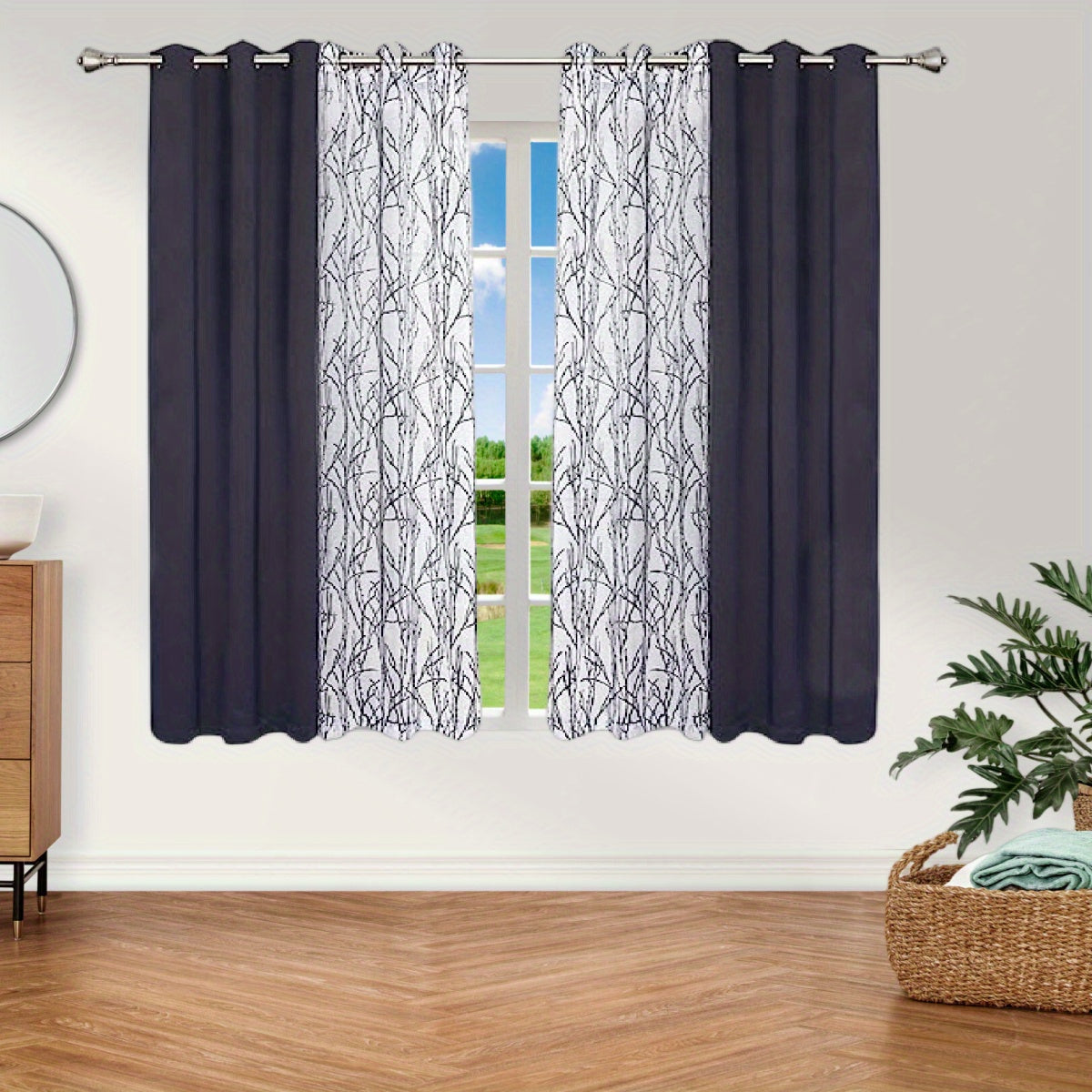 1 Panel Branch Printed Sheer Curtain + 1 Panel Blackout Curtain - Panels for Bedroom, Office, Living Room Home Decor with Grommet Top Window Drapes