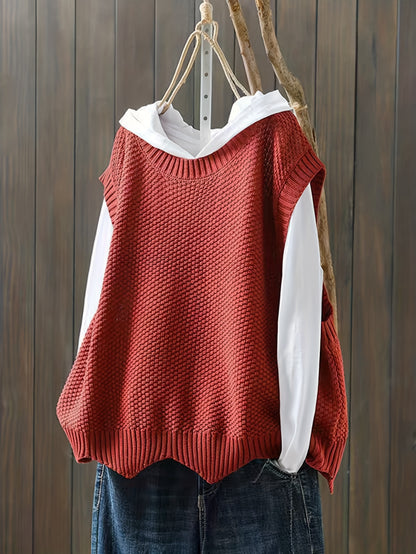 Sixsr Solid Crew Neck Knitted Vest, Casual Sleeveless Loose Sweater, Women's Clothing