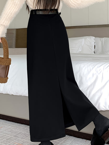 Sixsr Solid High Waist Slim Skirt, Casual Split Back A Line Maxi Skirt, Women's Clothing