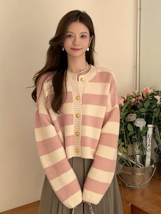 Sixsr Striped Button Front Cardigan, Casual Long Sleeve Knitted Cardigan, Women's Clothing