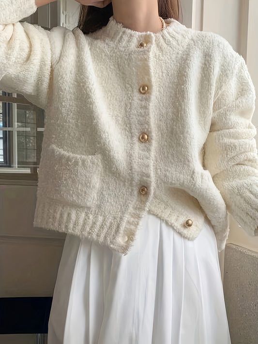Sixsr Solid Button Down Fuzzy Knit Cardigan, Casual Crew Neck Long Sleeve Thick Sweater, Women's Clothing