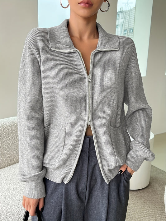 Sixsr Y2K Solid Zip Up Cardigan, Turndown Collar Long Sleeve Sweater For Fall & Winter, Women's Clothing