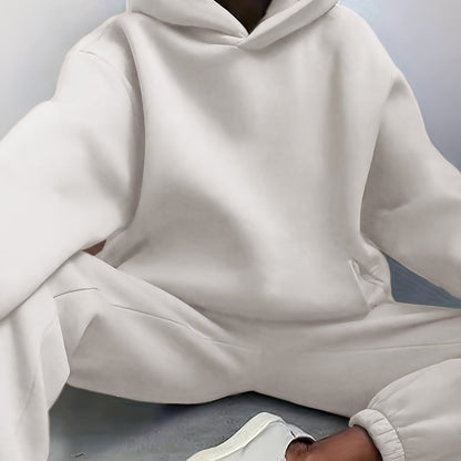 Sixsr Casual Solid Two-piece Set, Drop Shoulder Long Sleeve Hoodies & Elastic Waist Jogger Pants Outfits, Women's Clothing