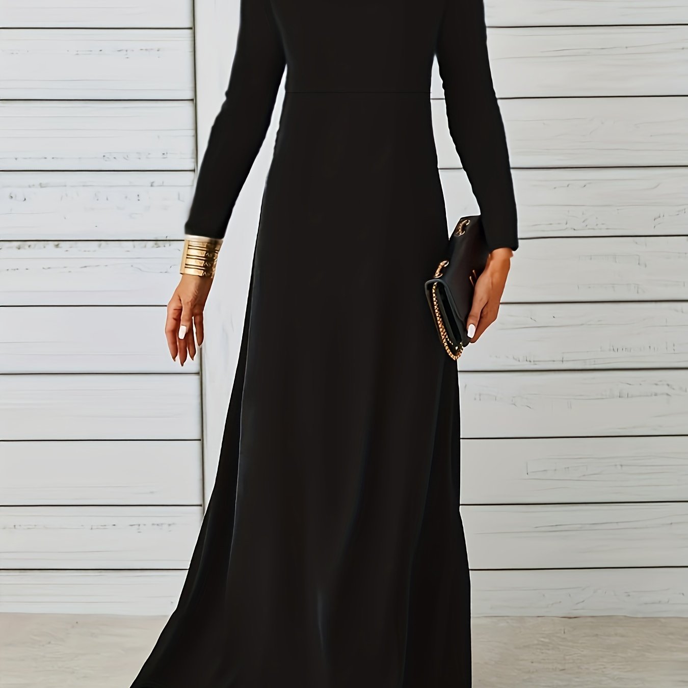 Sixsr Simple Maxi Dress, Casual Crew Neck Long Sleeve Solid Dress, Women's Clothing