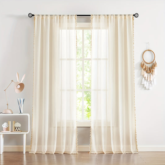 2pcs Heat Insulating Sheer Curtain with Pom Poms - Translucent Rod Pocket Window Treatment for Bedroom, Office, Kitchen, Living Room, Study - Home Decor