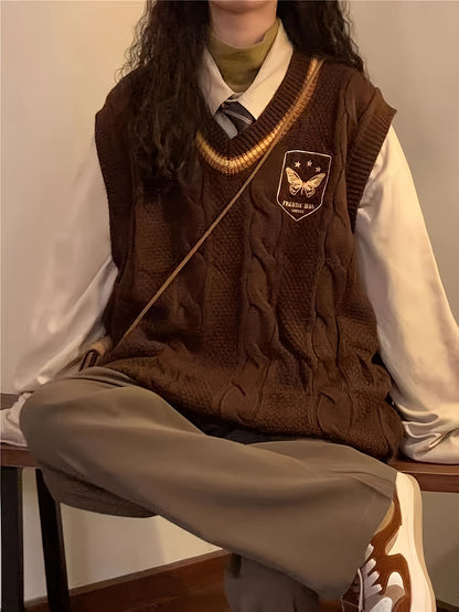 Sixsr Preppy Style V Neck Cable Knit Vest, Casual Sleeveless Loose Sweater Vest, Women's Clothing