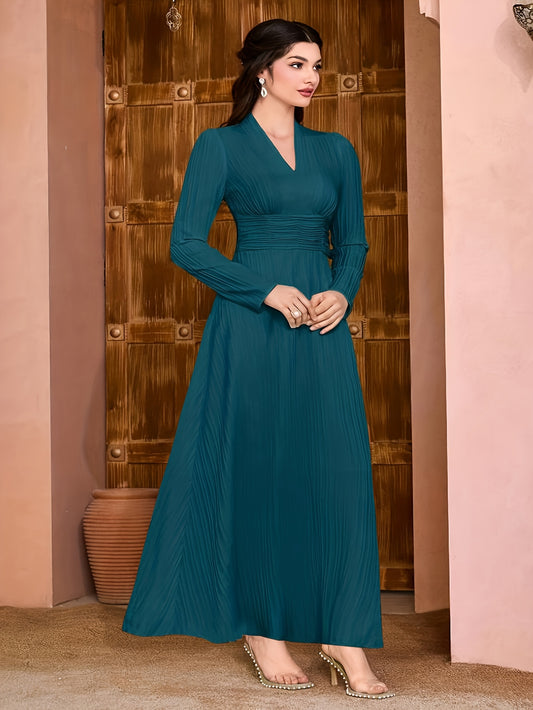 Sixsr Solid V Neck Dress, Elegant Long Sleeve Shirred Waist Dress, Women's Clothing