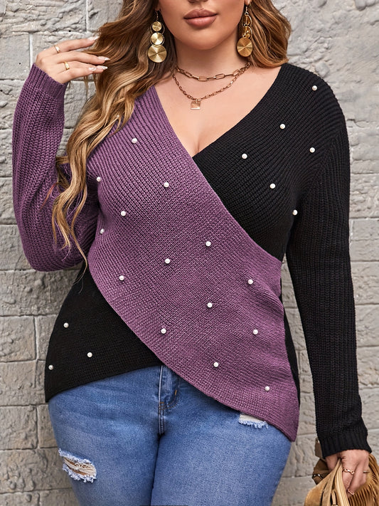 Sixsr Plus Size Casual Sweater, Women's Plus Colorblock Faux Pearl Decor Long Sleeve V Neck Cross Jumper