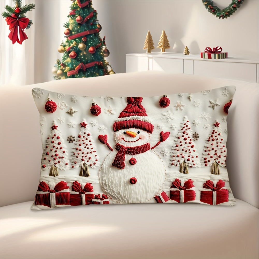 3D Christmas Throw Cushion Covers, Traditional Knit Polyester, Hand-Washable, Zip-Closure, Snowman and Tree Design, Suitable for Various Room Decor - 1pc, Festive Farmhouse Style for Couch, Sofa, Living Room, Bedroom (Insert Not Included)