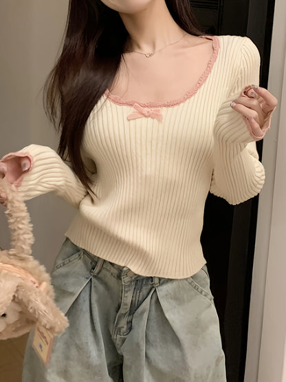 Sixsr Contrast Trim Scoop Neck Pullover Top, Casual Long Sleeve Slim Knit Sweater, Women's Clothing
