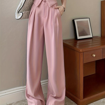 Sixsr Button Front Straight Leg Pants, Casual Pleated Pocket High Waist Pants, Women's Clothing