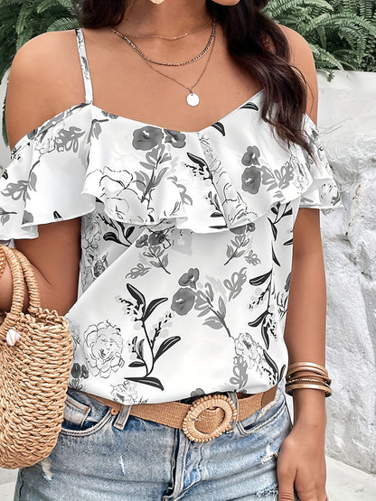 Boho Floral Print Spaghetti Blouse , Vacation Cold Shoulder Ruffle Trim Summer Tops , Women's Clothing