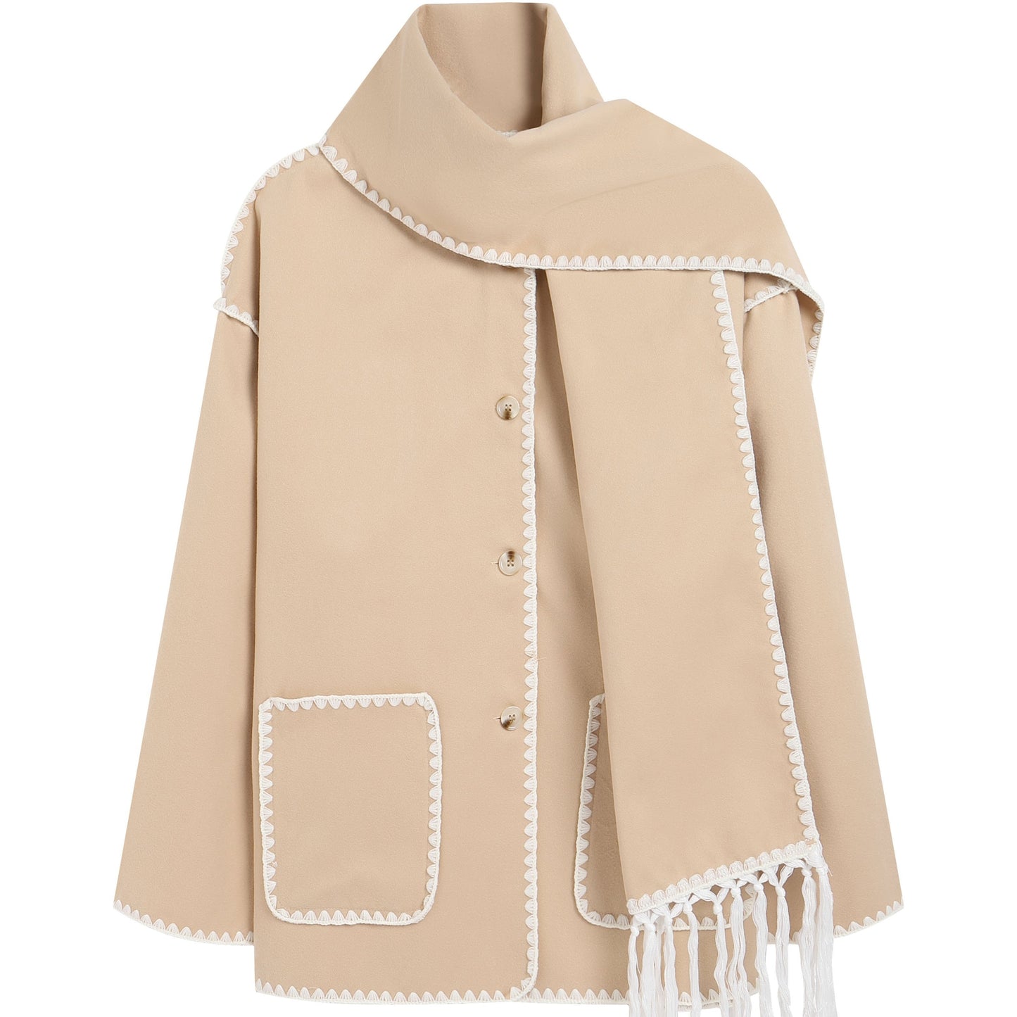 Sixsr Contrast Trim Patched Pockets Overcoat, Elegant Long Sleeve Fringe Scarf Outwear For Fall & Winter, Women's Clothing