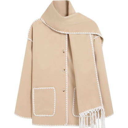 Sixsr Contrast Trim Patched Pockets Overcoat, Elegant Long Sleeve Fringe Scarf Outwear For Fall & Winter, Women's Clothing