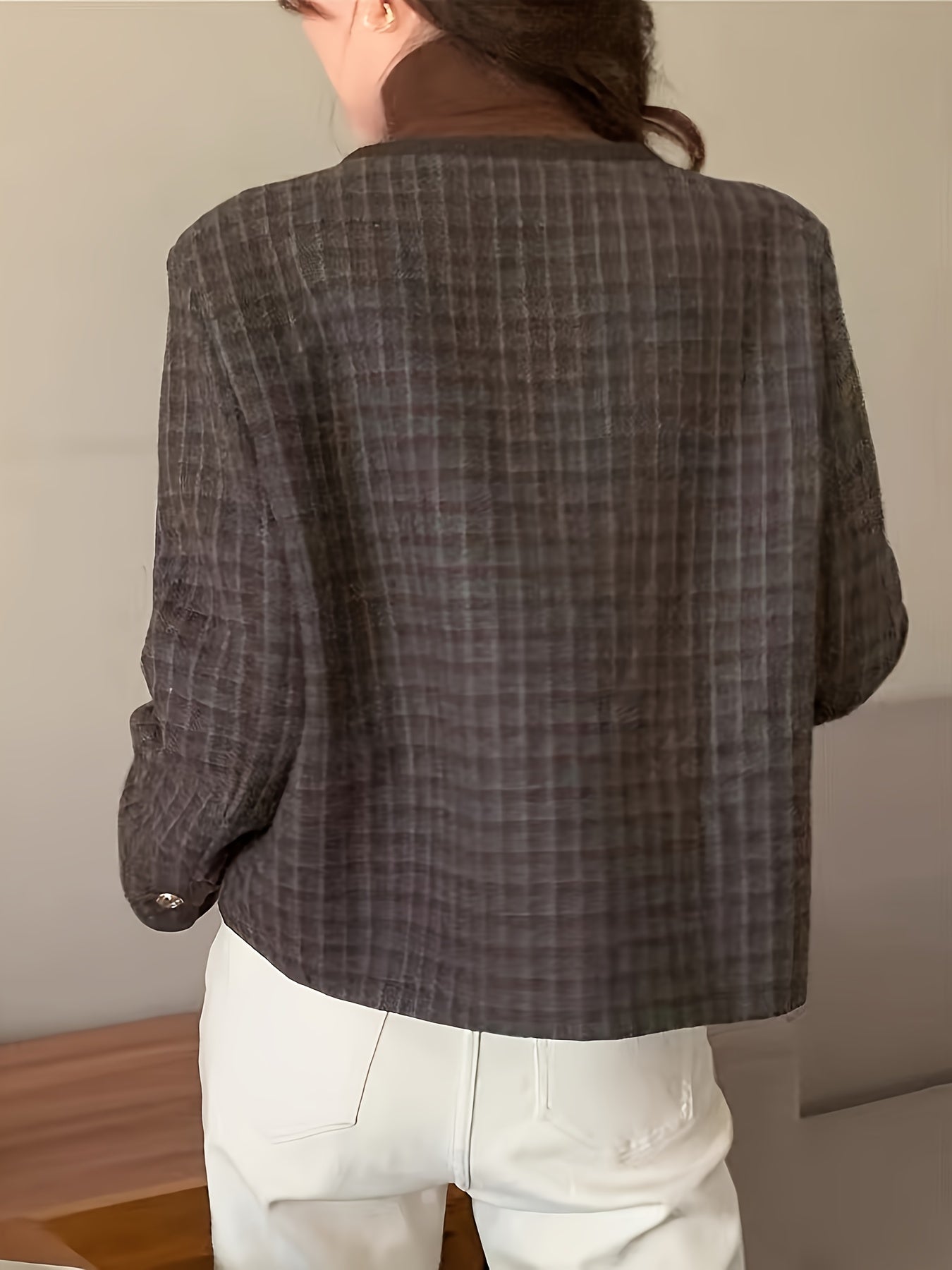 Sixsr Plaid Pattern Simple Coat, Vintage Button Front Long Sleeve Outerwear, Women's Clothing