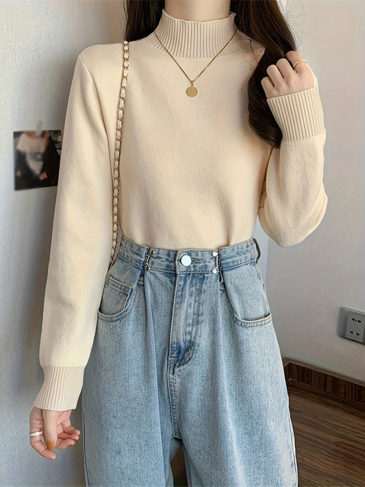 Sixsr Solid Mock Neck Pullover Sweater, Casual Long Sleeve Basic Versatile Sweater, Women's Clothing