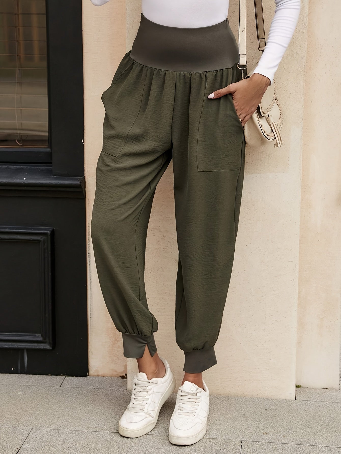 Sixsr Solid Loose Jogger Pants, Casual Elastic Waist Pants With Pocket, Women's Clothing